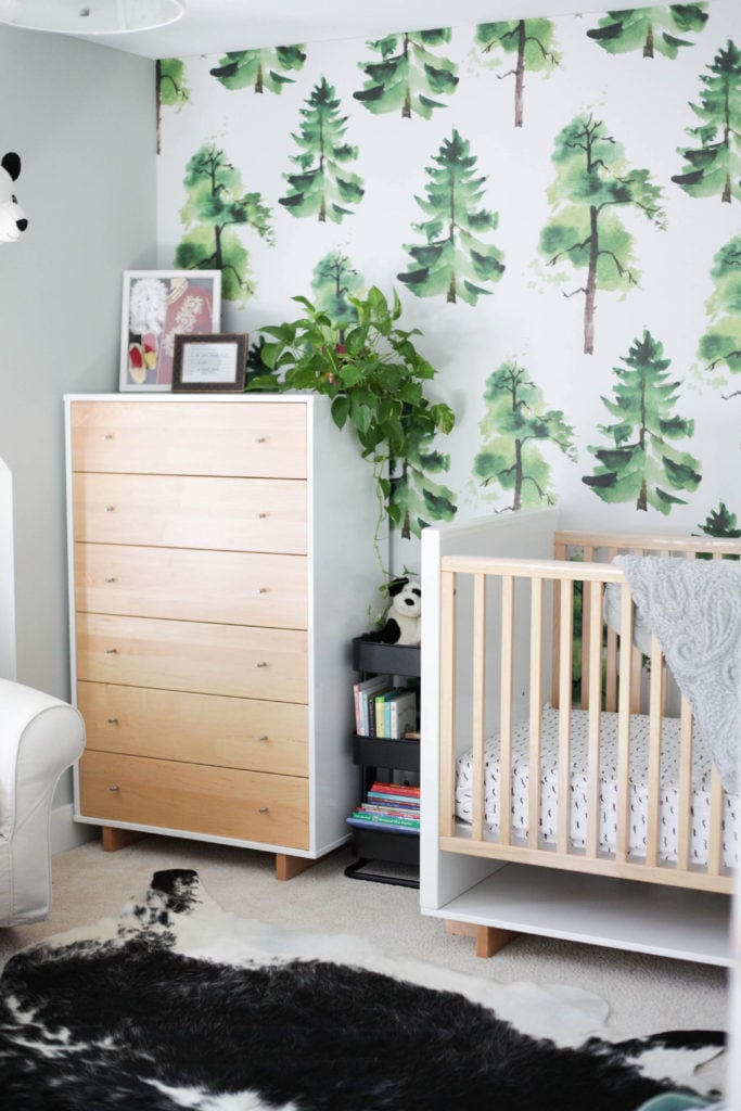 modern kids room with tree removable wallpaper and wood and white room and board crib and dresser