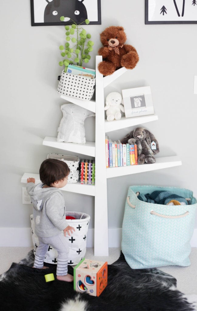 modern kid room with tree bookshelf