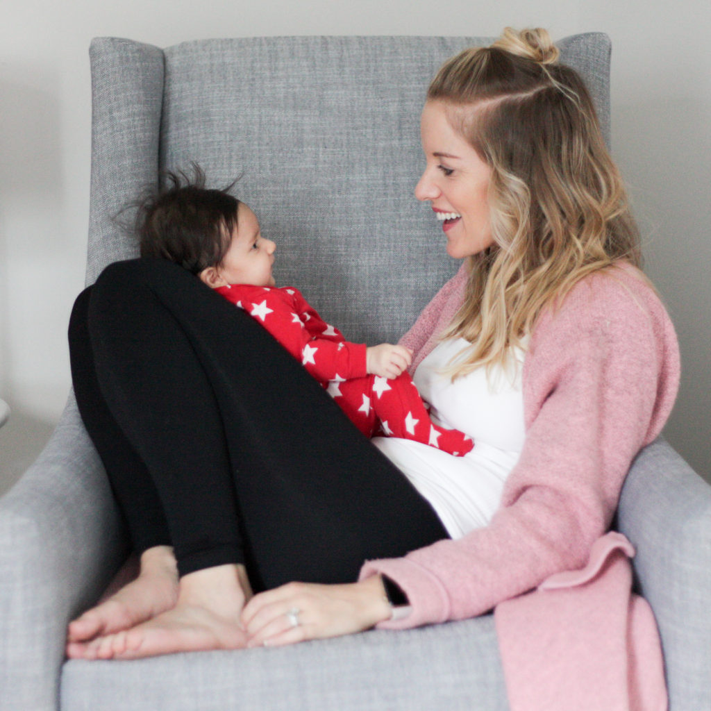 Hanging with a newborn baby in a blanqi pull down maternity top