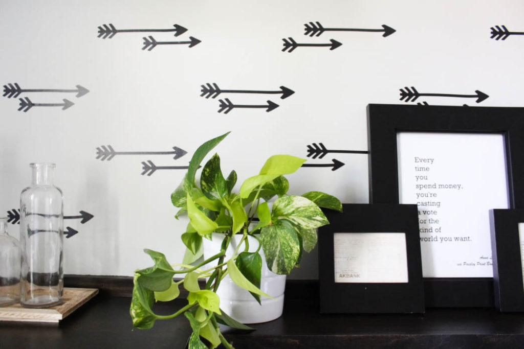 Pothos plant, layered frames and faux wallpaper using arrow decals