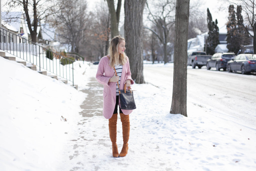 winter style - cognac over the knee boots + pink sweater