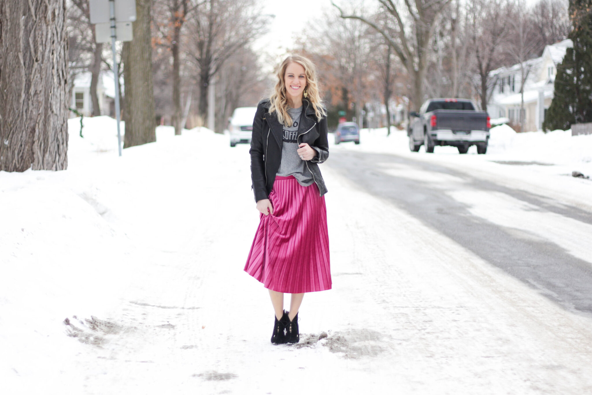 pink skirt winter outfit