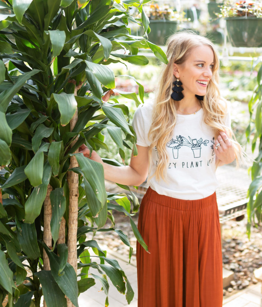 crazy plant lady graphic tee with elizabeth and james pleated pants and long beachy waves