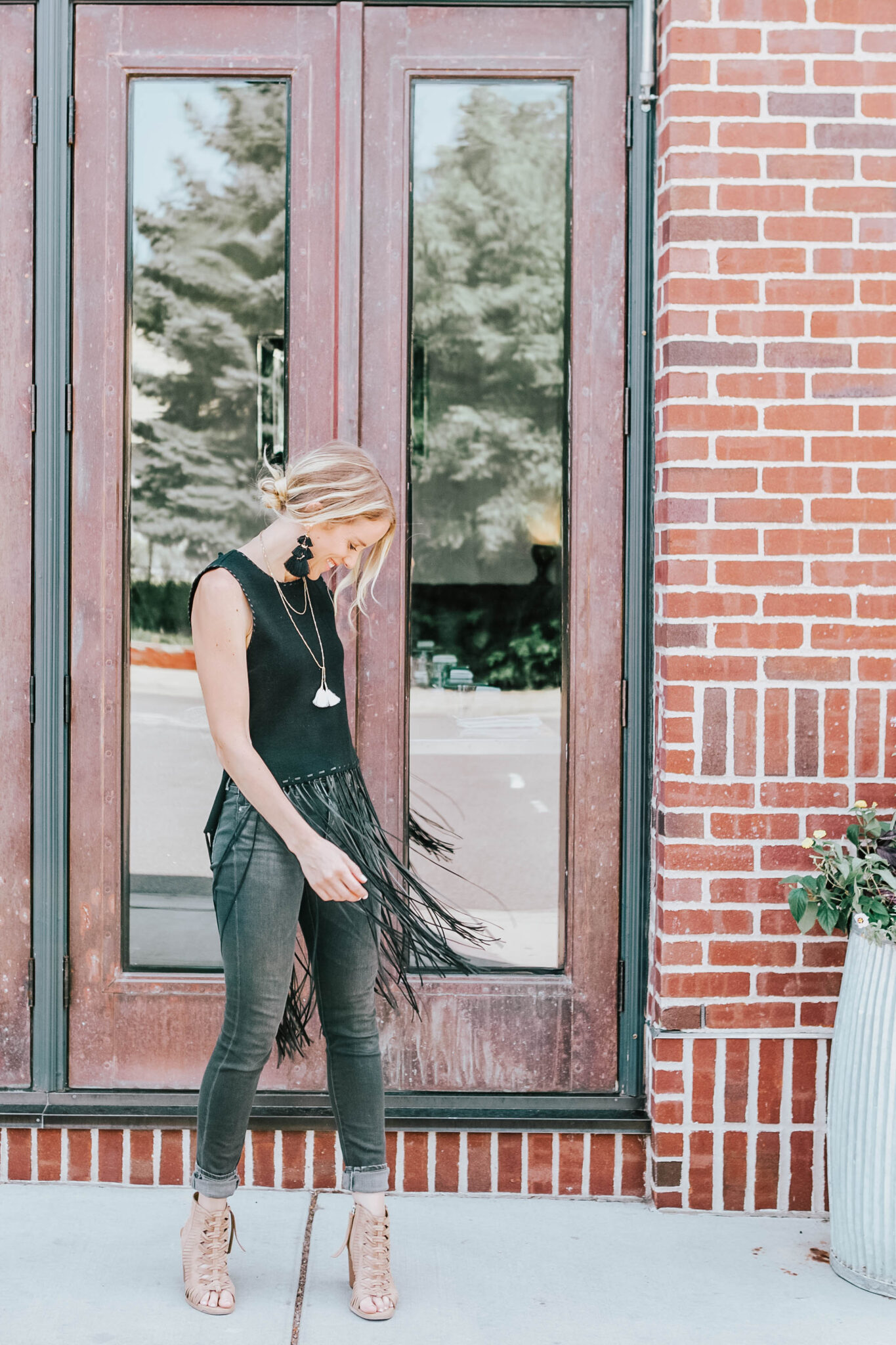 7 questions to find your personal style - black fringe tops with tassle earrings and grey skinny jeans (2 of 5)