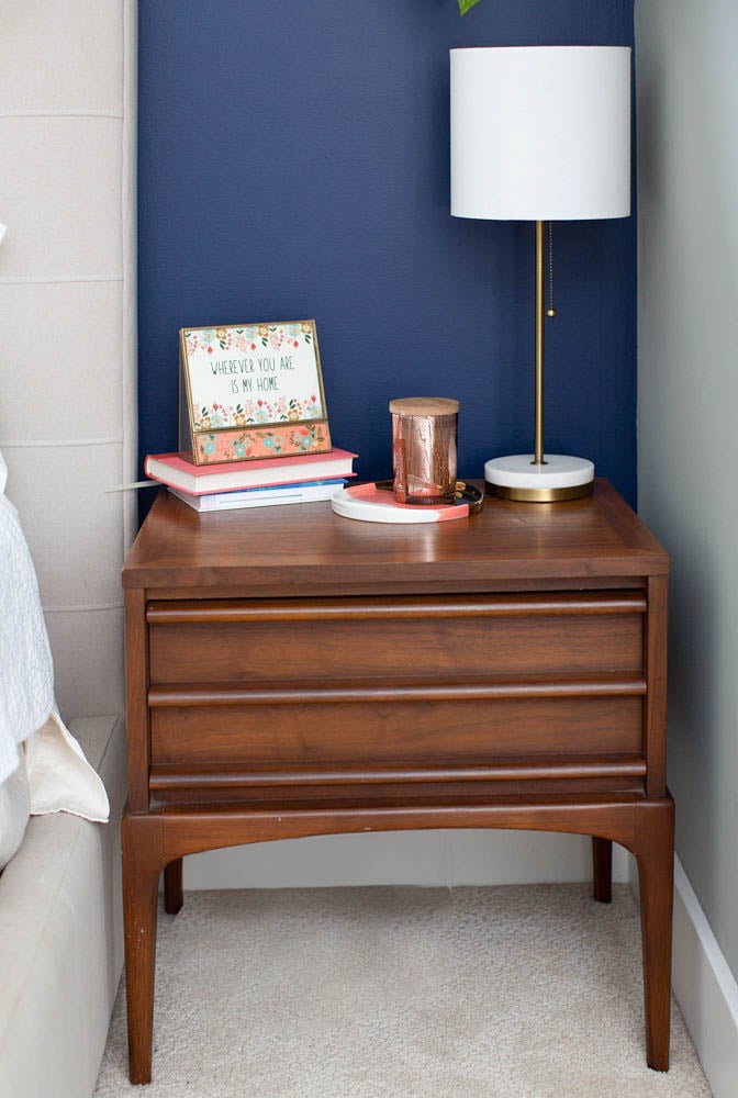 Tips to Decorate You Master Bedroom - Navy Accent Wall Bedroom -Vintage Nightstand