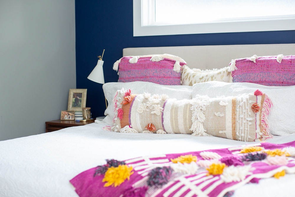 Bright Navy and Pink Bedroom with Anthropologie Tassel Bedding