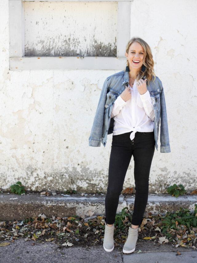 Style your white button down 3 different ways! Shown here in a classic way with black, white and denim. #whitebuttondown #styleinspiration #fallstyle