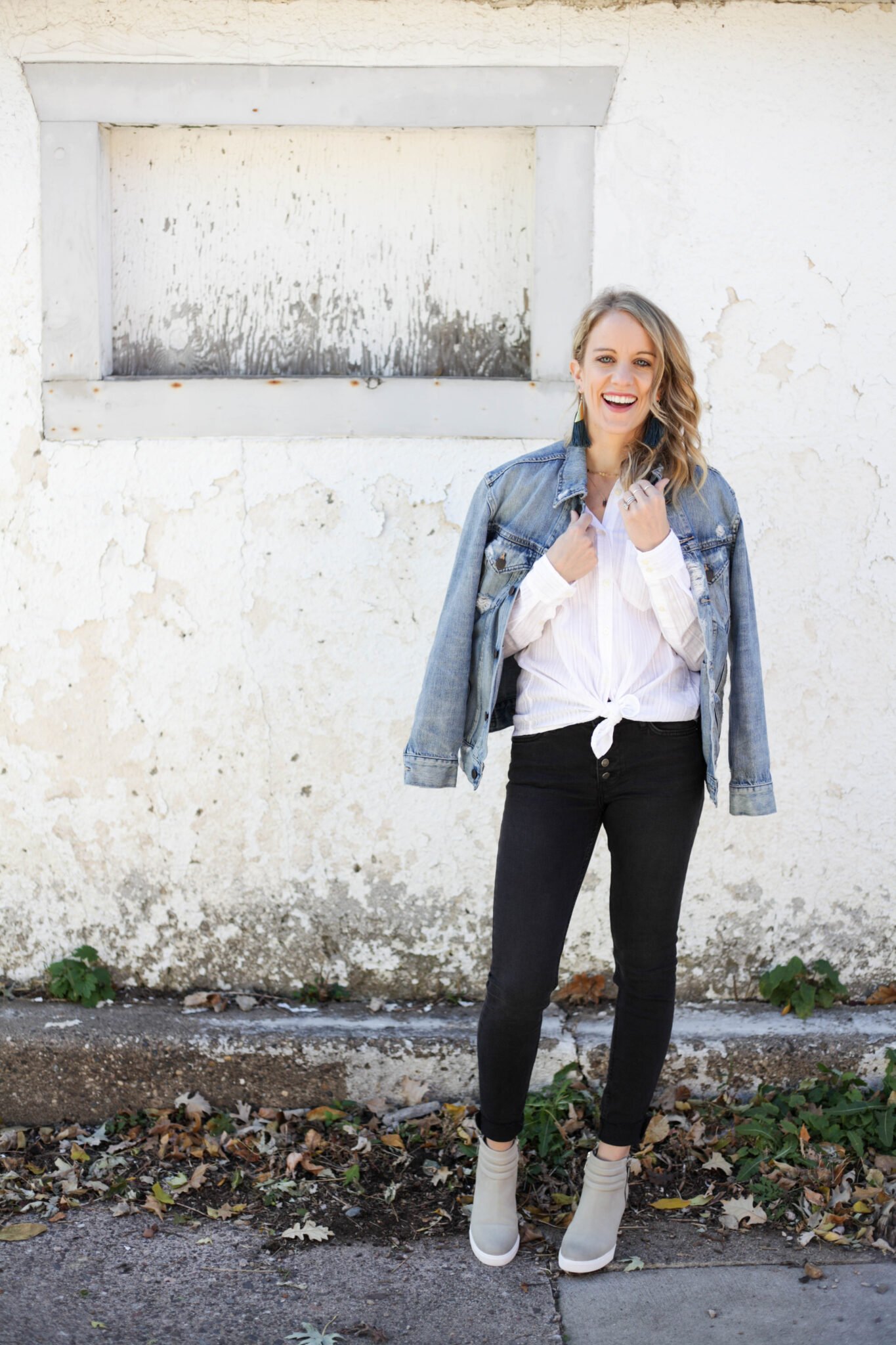 white button up with jeans