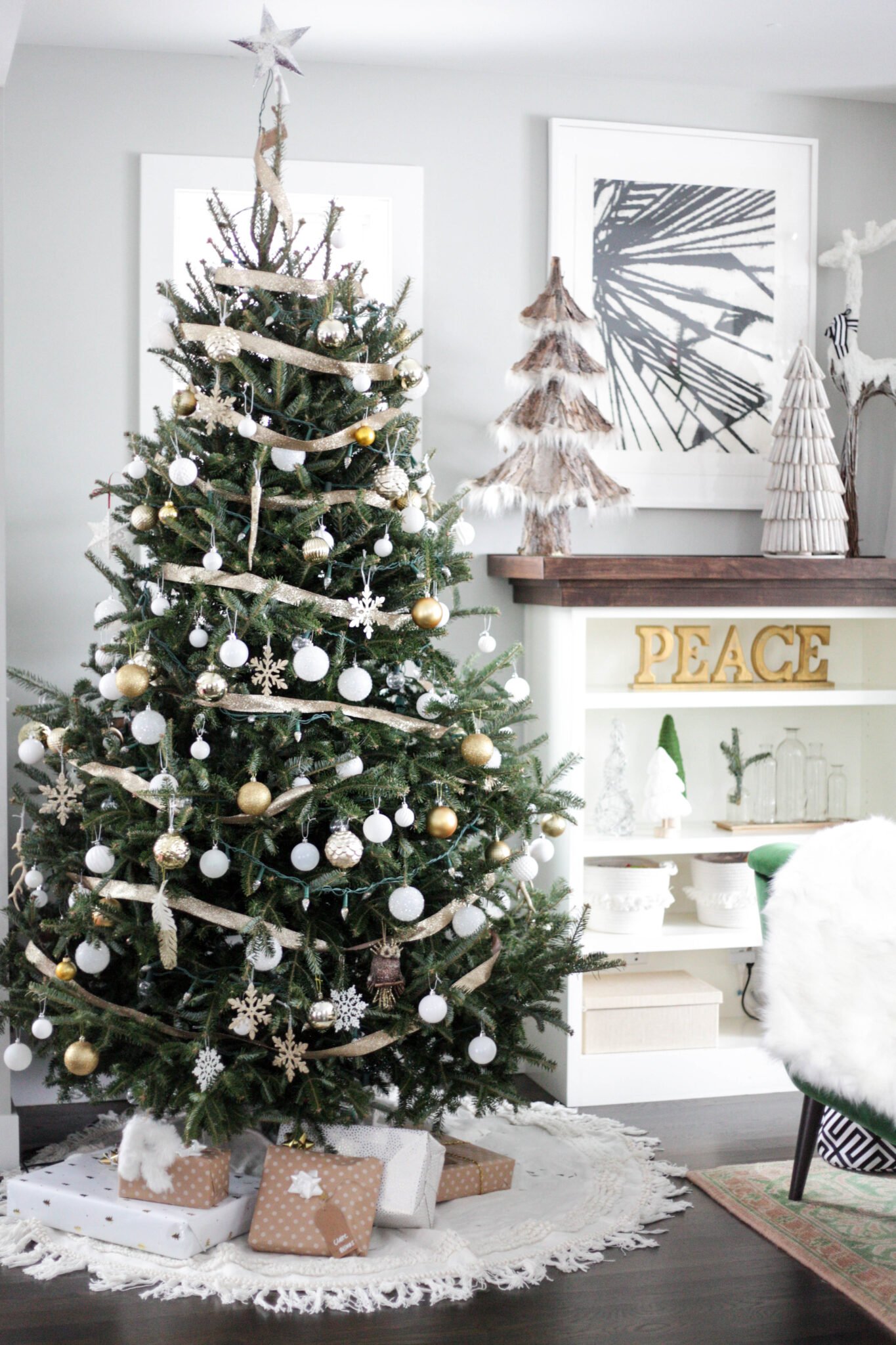 Balsam fir christmas tree - white , gold and silver