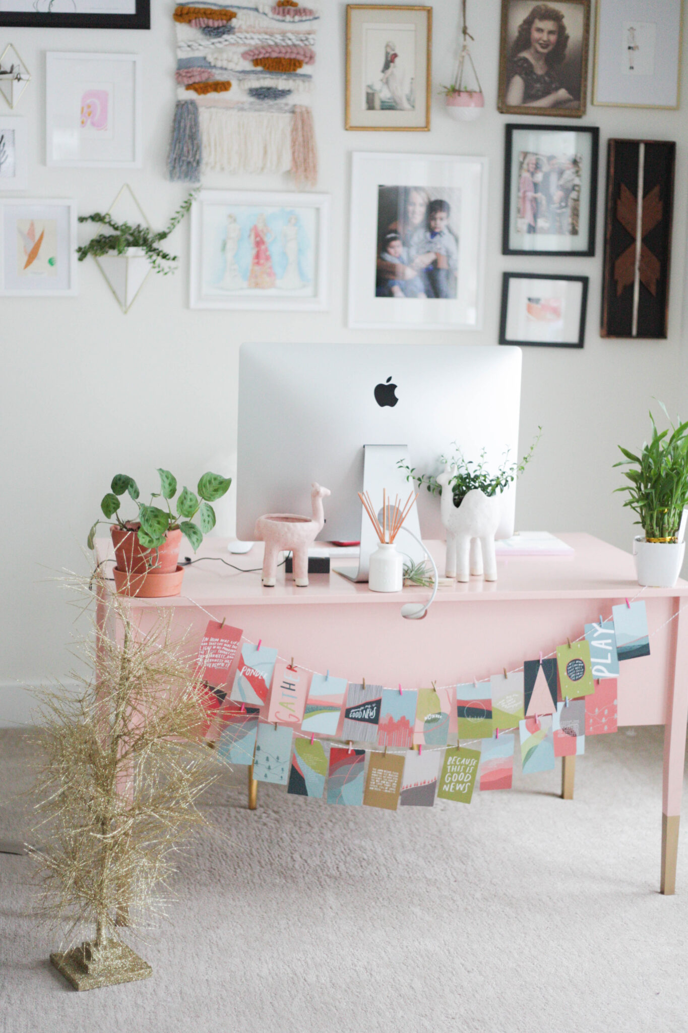 Home office with small gold tree and advent calendar
