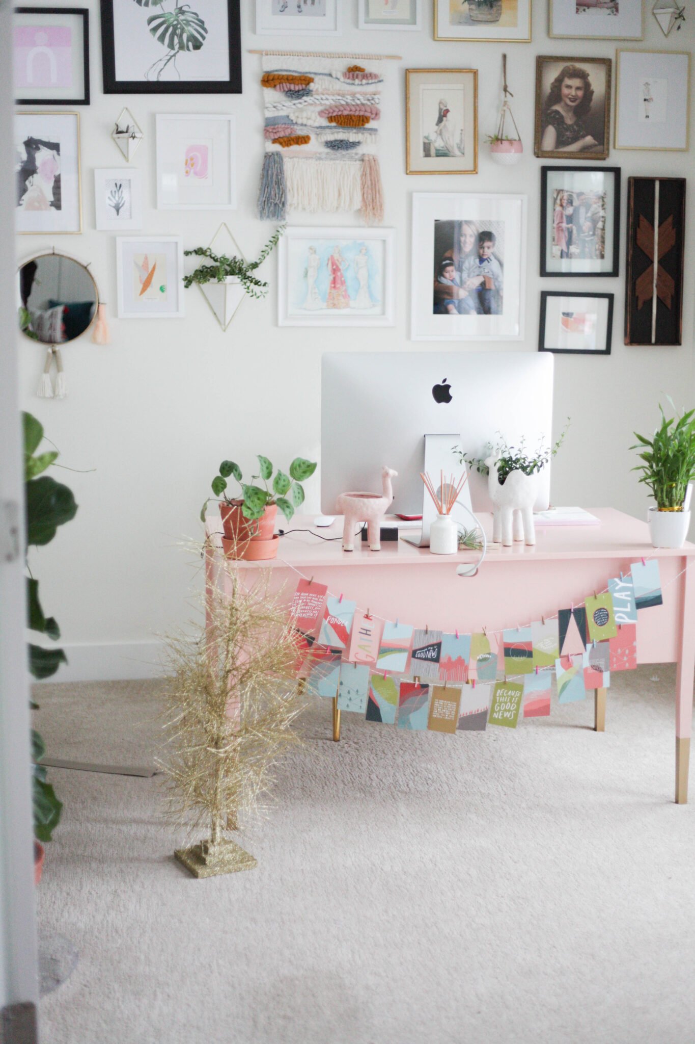 Home office with gold tree and advent calendar