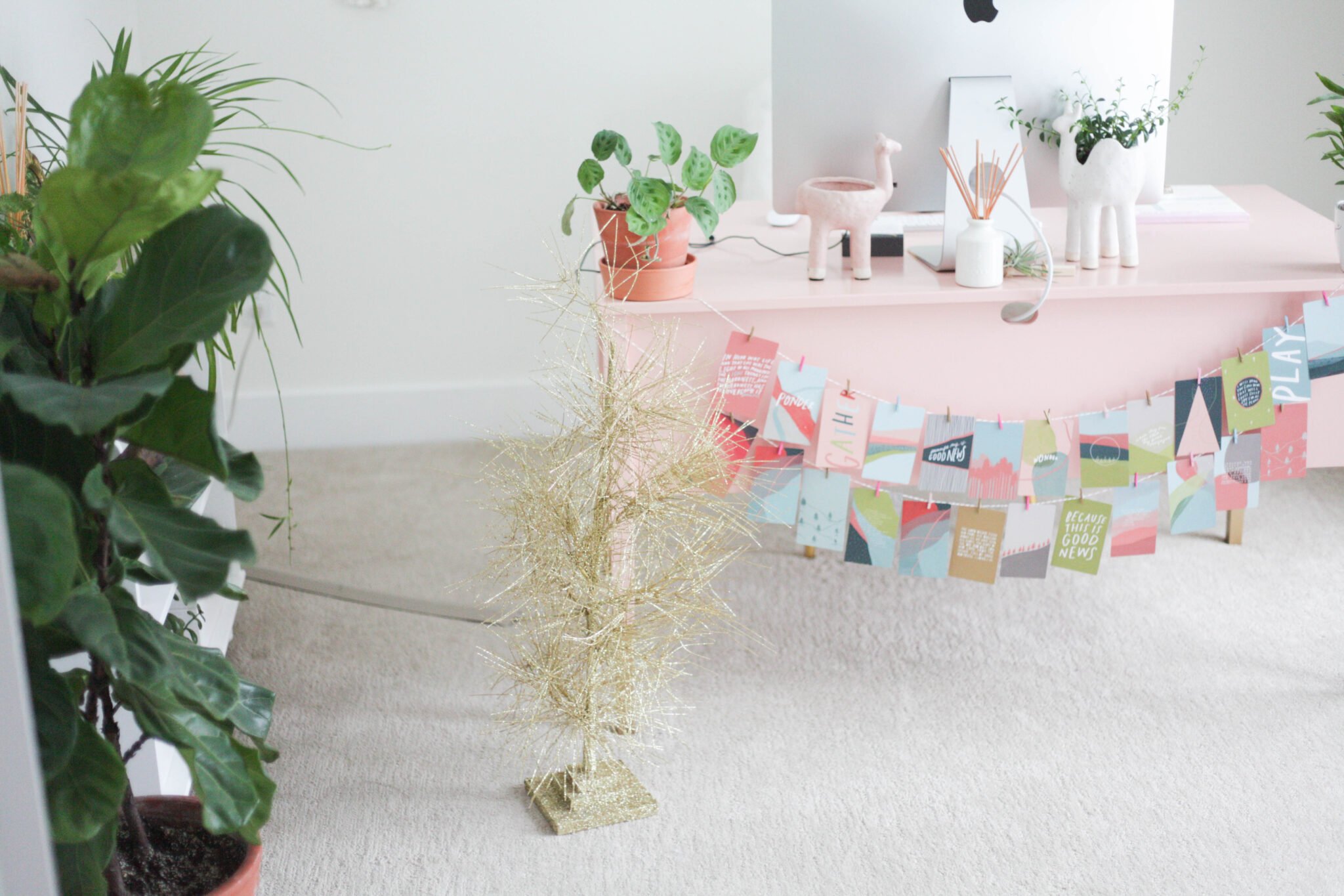 Home office with gold tree and advent calendar