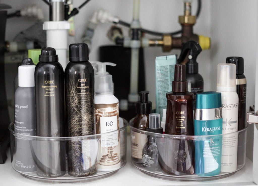 organizing your hair products with a lazy susan