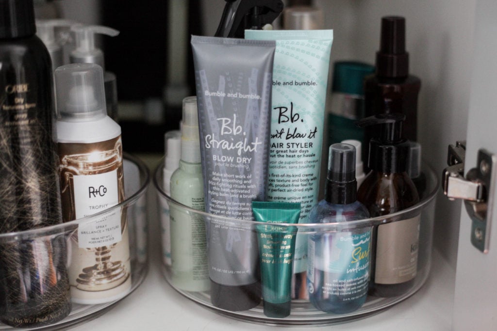 organizing your hair products with a lazy susan