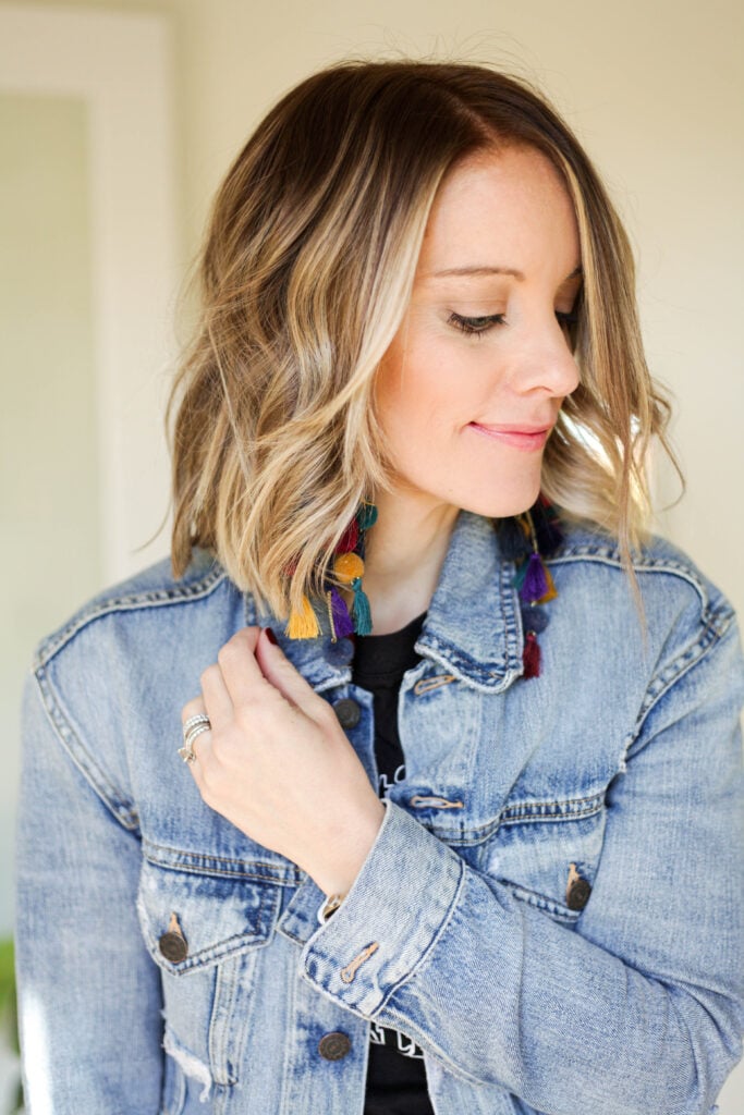 Woman with wavy shoulder length hair