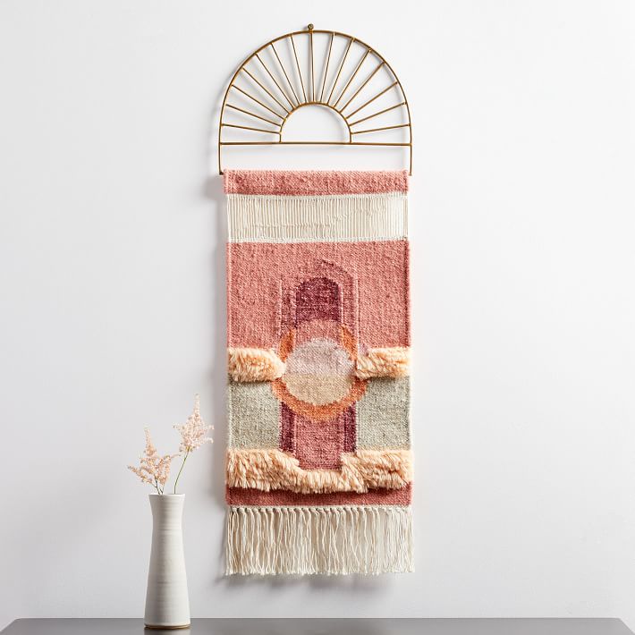 Boho Home Decor - woven wall tapestry in pink, peach and gold