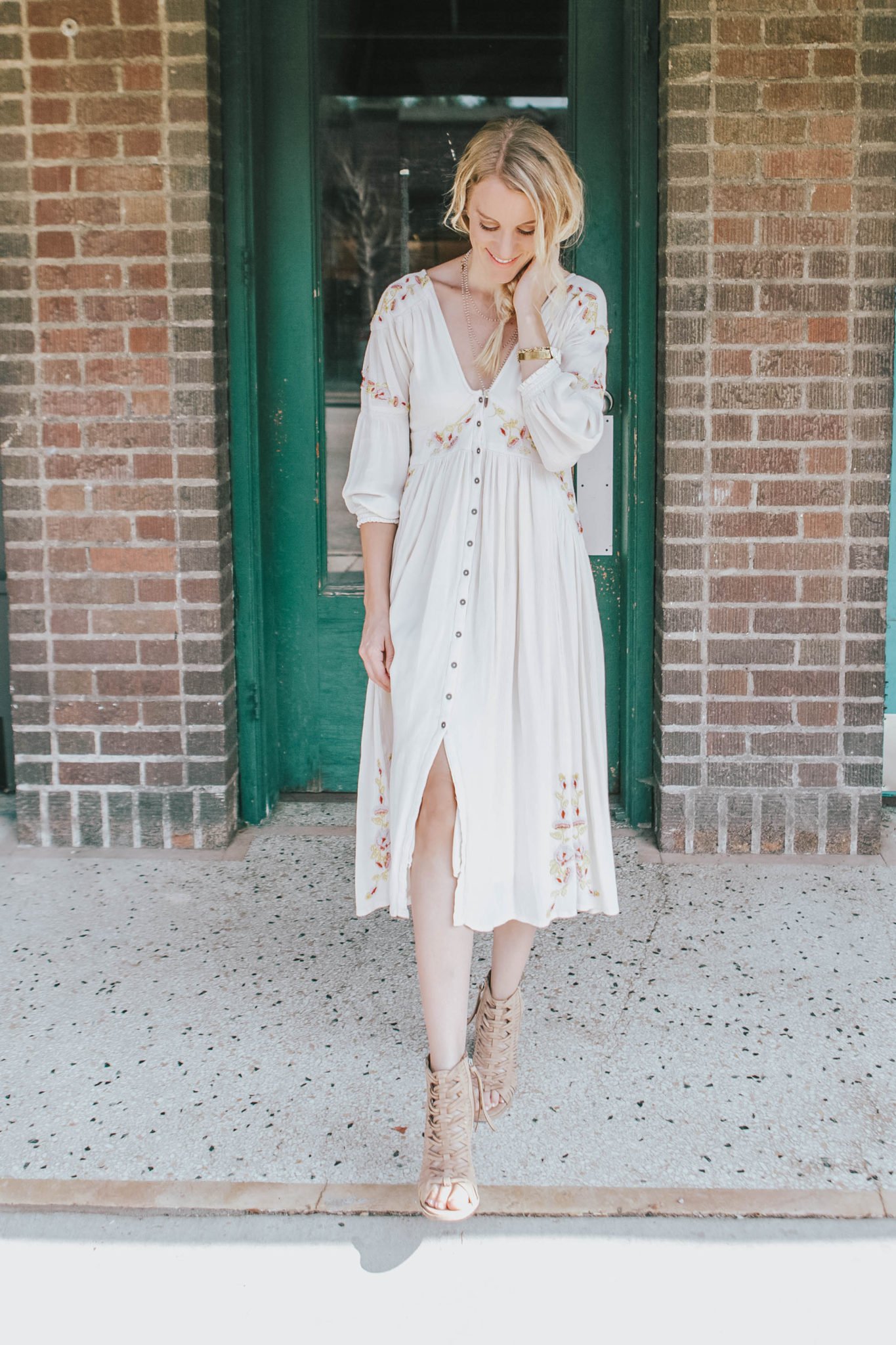 woman wearing free people white midi dress