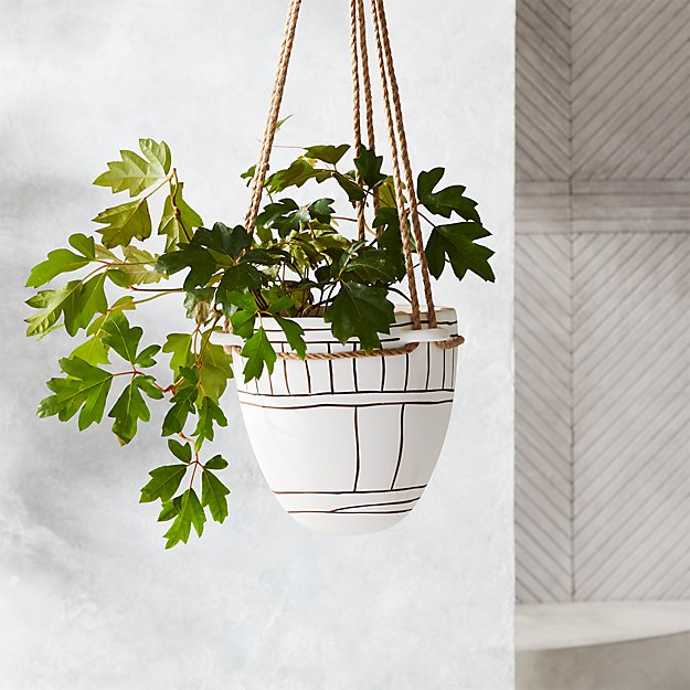 Hanging white planter with black line pattern