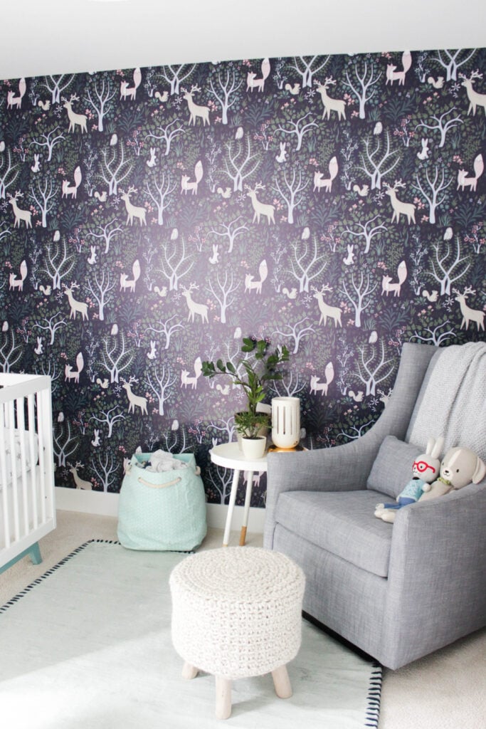 Woodland wallpaper in baby boy's nursery