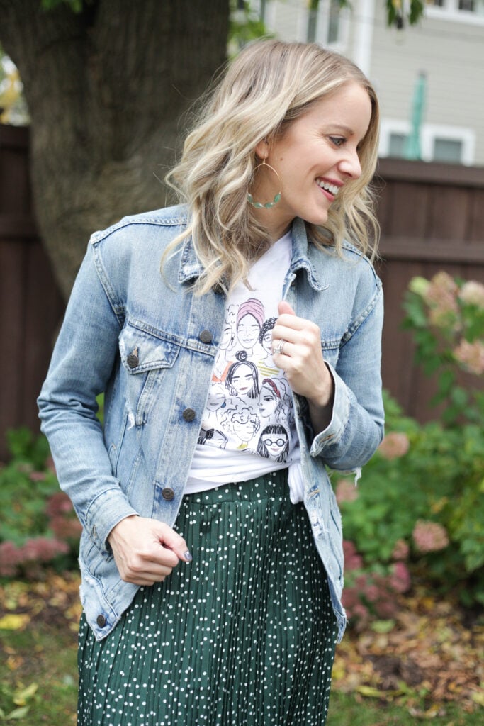 Amazon midi skirt with Able denim jacket and graphic tee