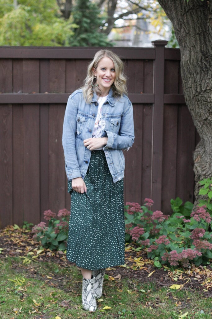 Amazon midi skirt with Able denim jacket and graphic tee