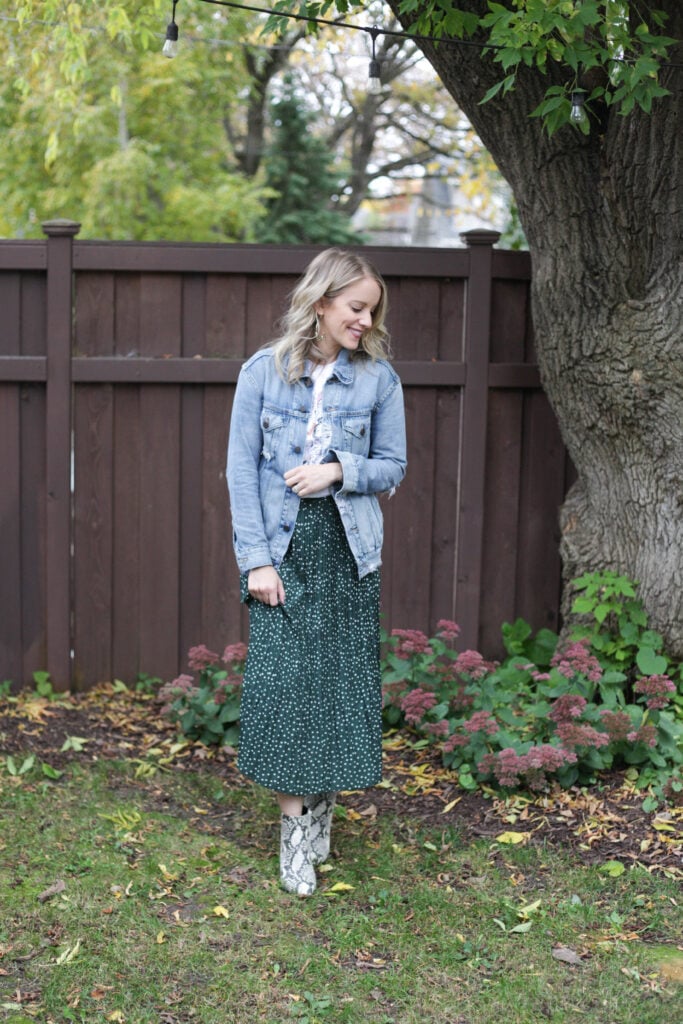 Midi Skirt (No Slits) + Graphic Tee + Denim Jacket