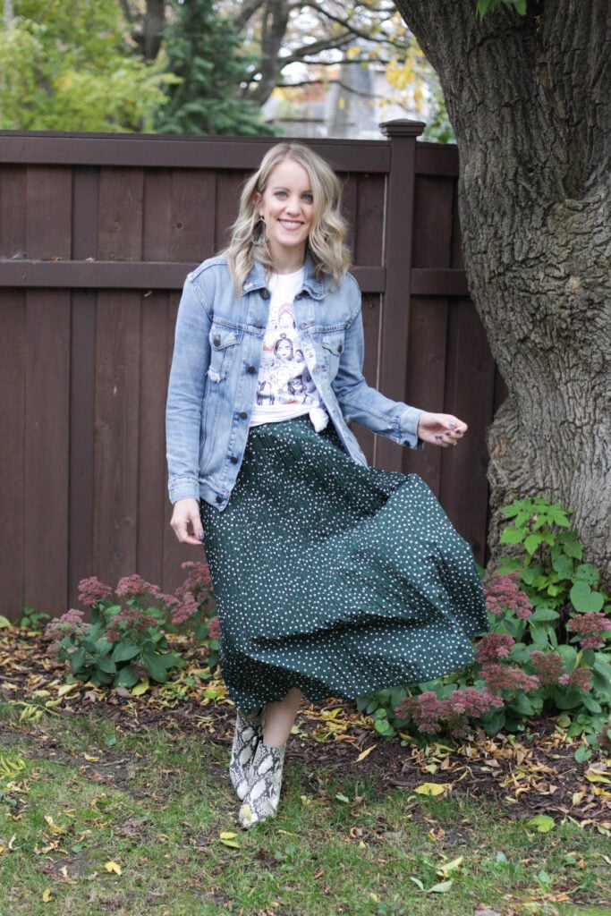 Amazon midi skirt with Able denim jacket and graphic tee