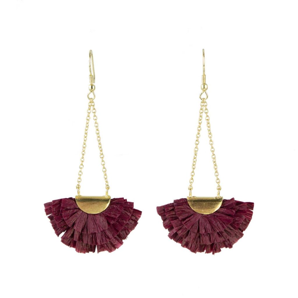 Raffia fan drop earrings in wine