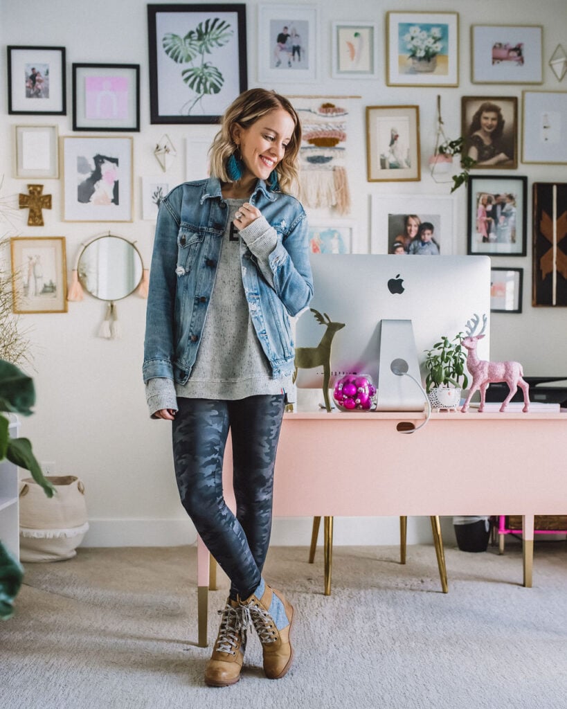 Camo leggings outfit with Sorel booties, fair trade denim jacket and thermal top.