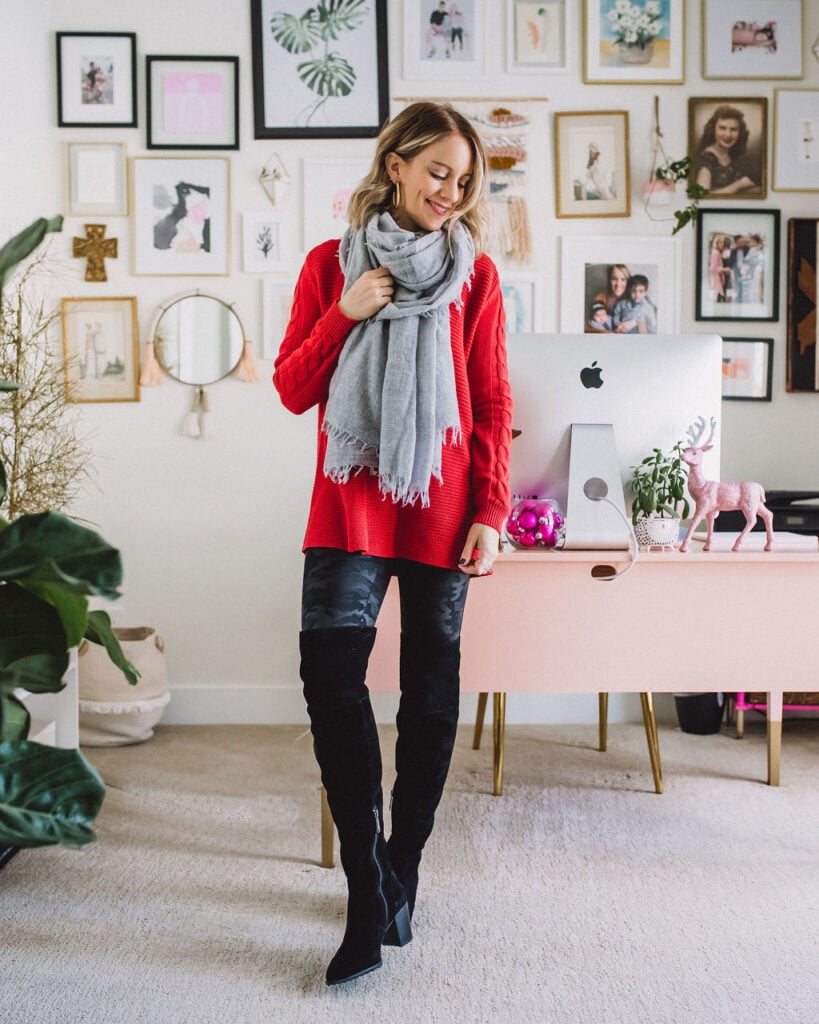 Work appropriate spanx leggings outfit with black over the knee boots, red sweater and grey scarf