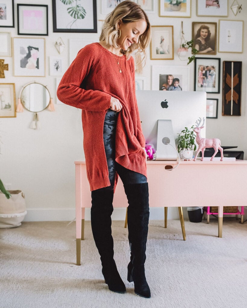 Free people split seam top paired with spanx leggings and over the knee boots