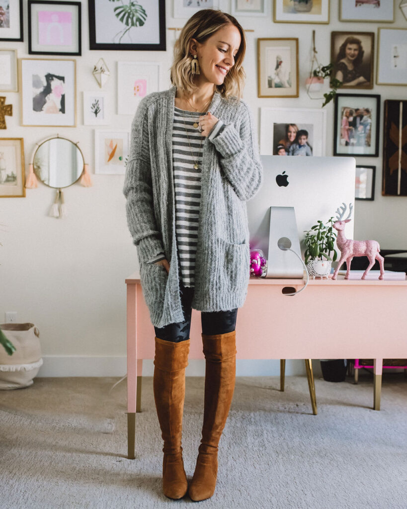 Leggings outfit wearing tan otk boots, grey cardigan and stripe top