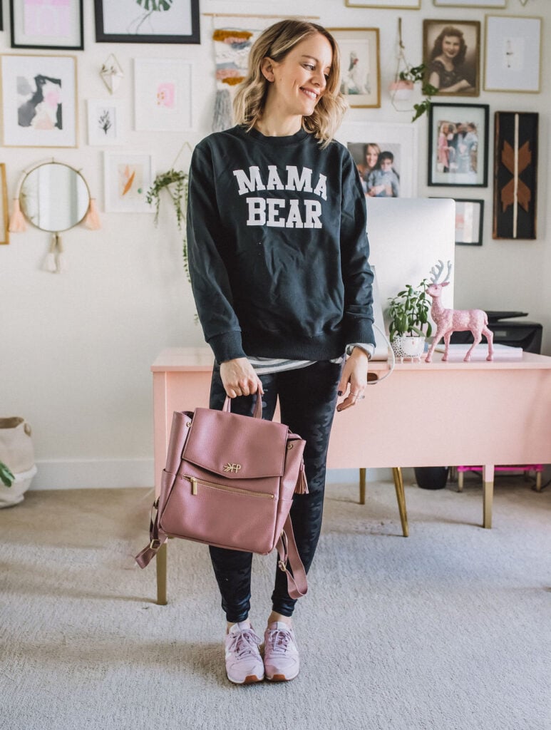 Casual spanx leggings outfit with mama bear sweatshirt and mini freshly picked bag.