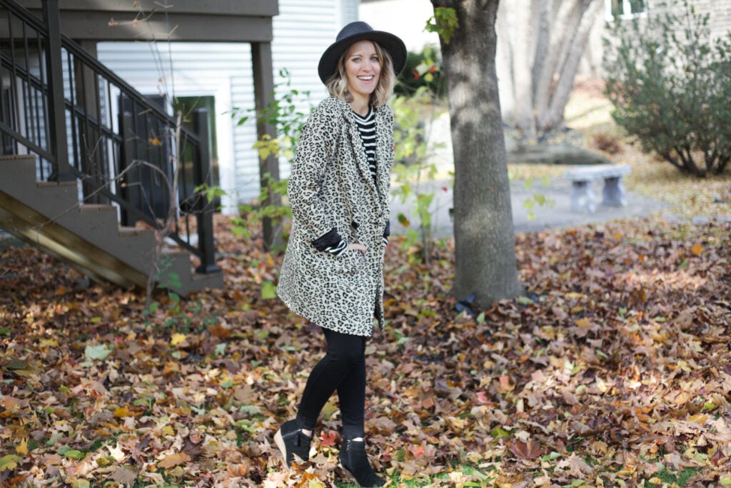 Sseko leopard jacket with Sseko leggings, Something Navy hat and Blando wedge booties