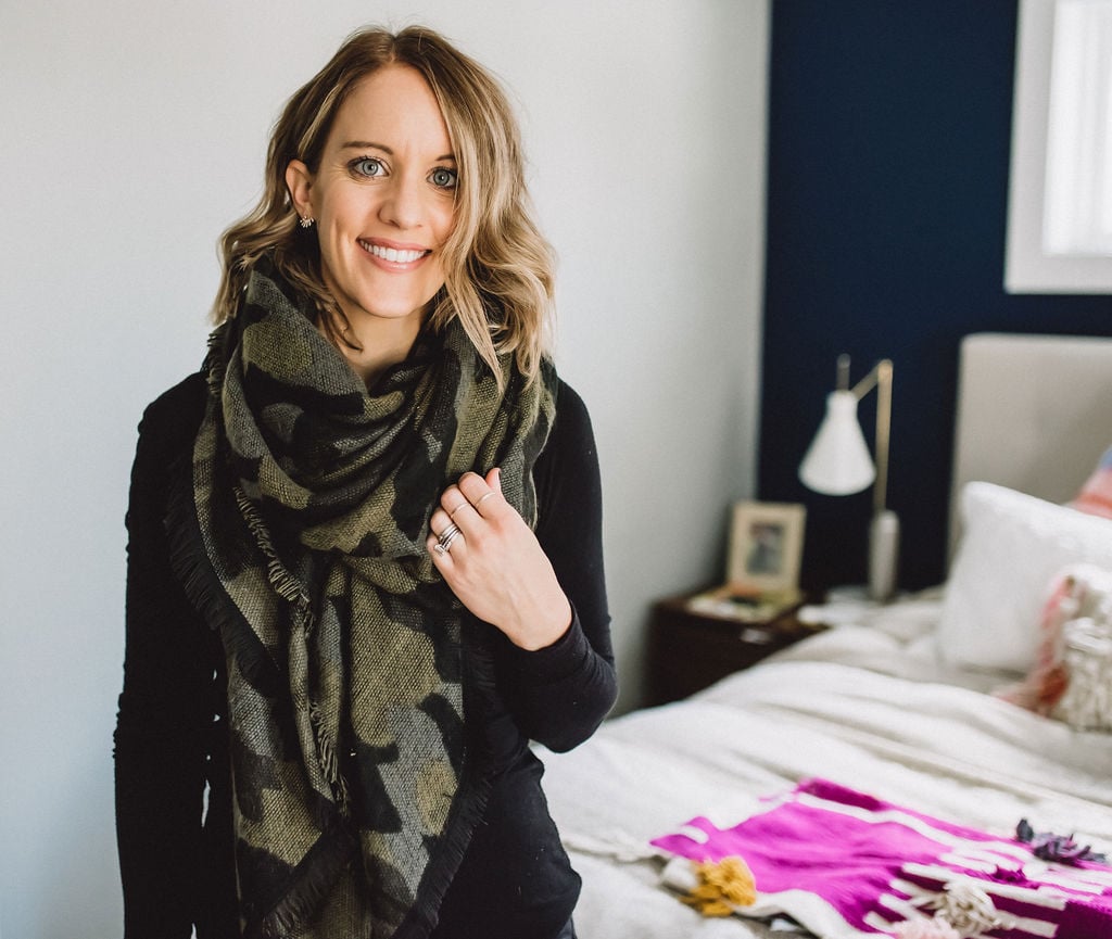 A simple way to wear a blanket scarf, looped around your neck once