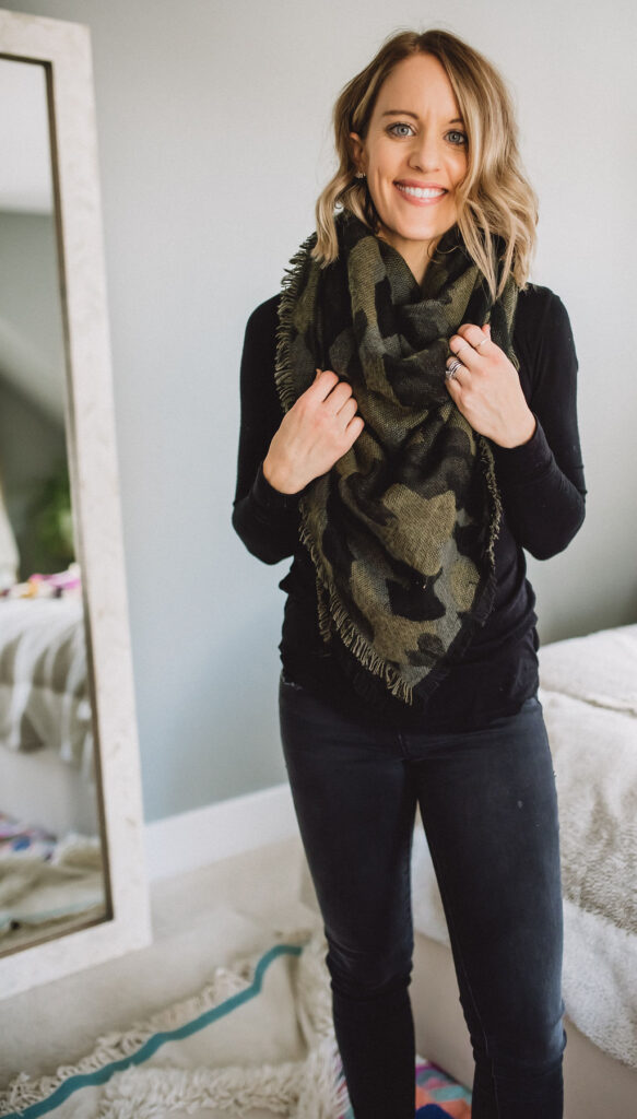 Reverse way how to wear a blanket scarf. Loop both ends behind your neck and tuck them under the scarf in the front