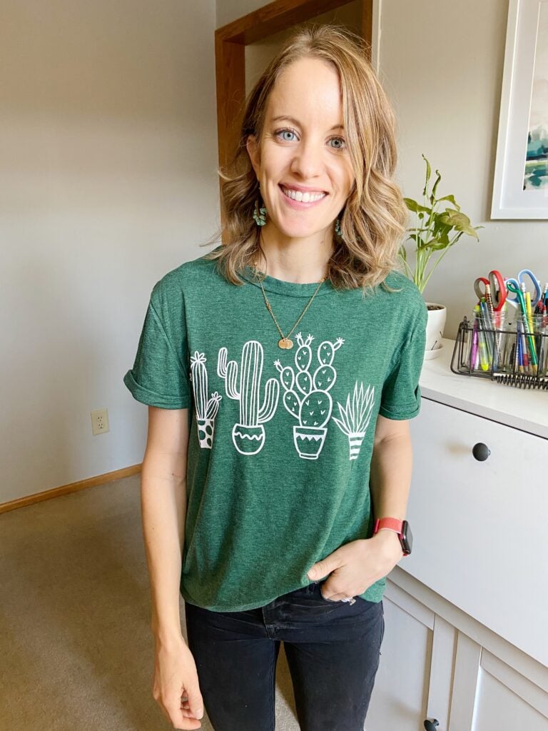 Woman wearing green cactus tee