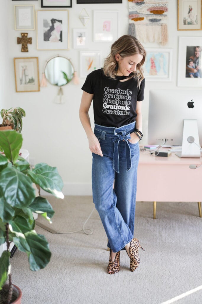 paper bag pants graphic tee and leopard shoes 1 of 6