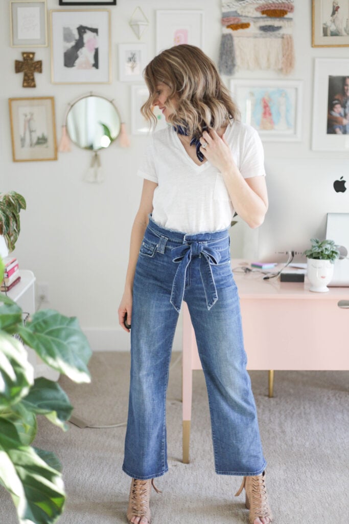 white tshirt with paper bag pants