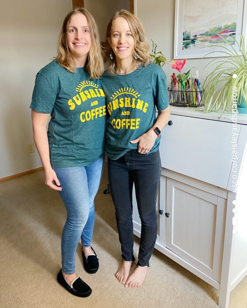 Two women wearing Sunshine and Coffee tee