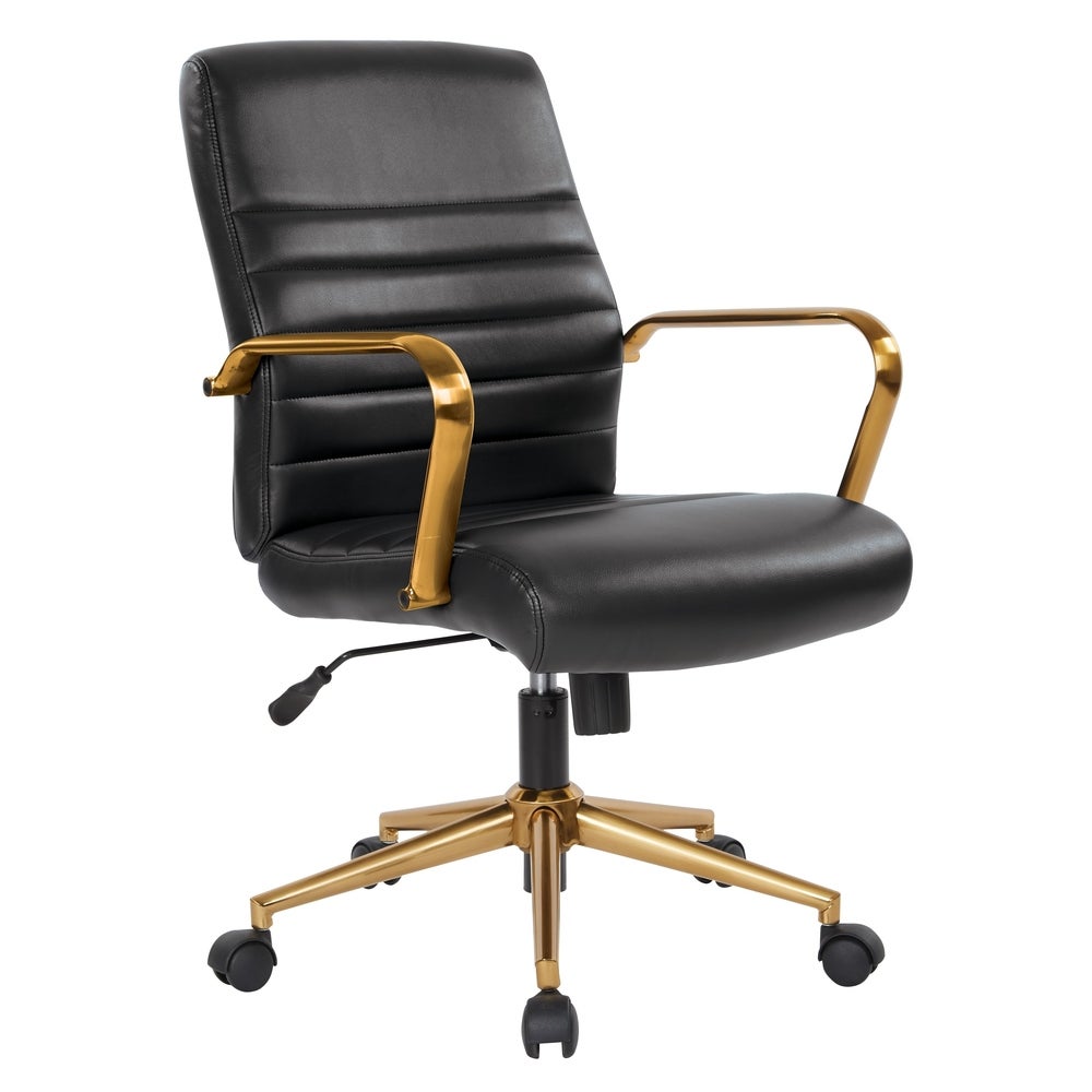 Faux leather black office chair with gold arms