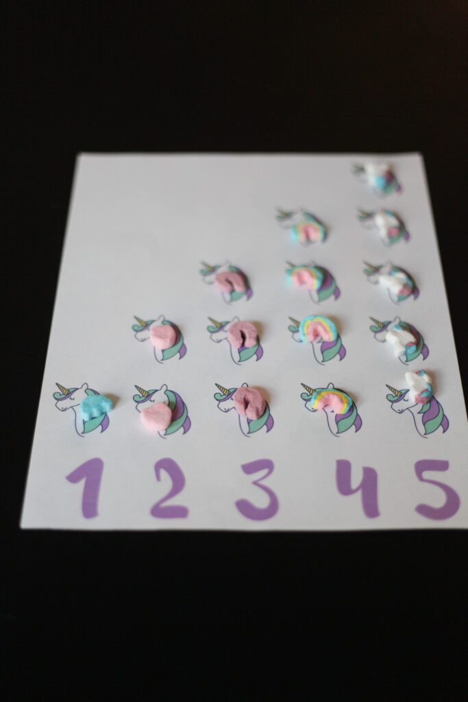 Unicorn counting sheet with Lucky Charms