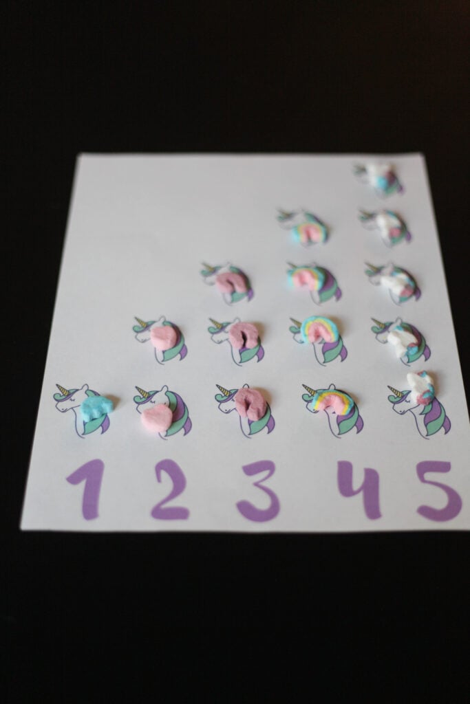 Unicorn counting sheet with Lucky Charms