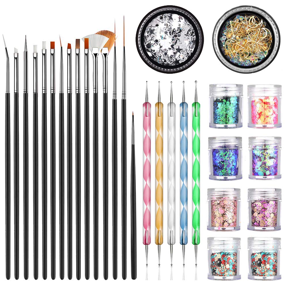Set of nail art brushes and glitter