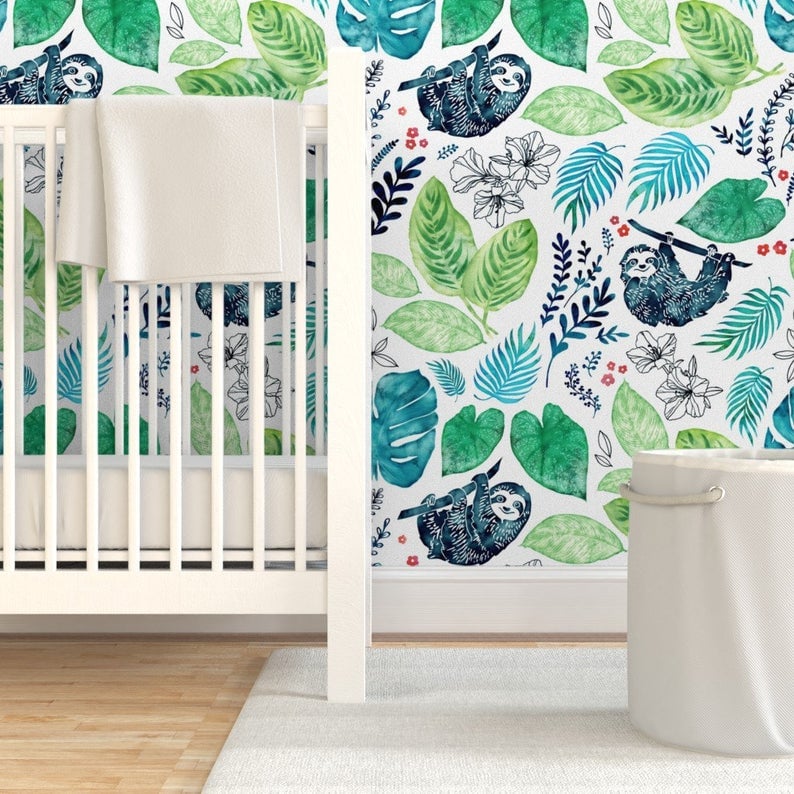 Nursery with sloth wallpaper