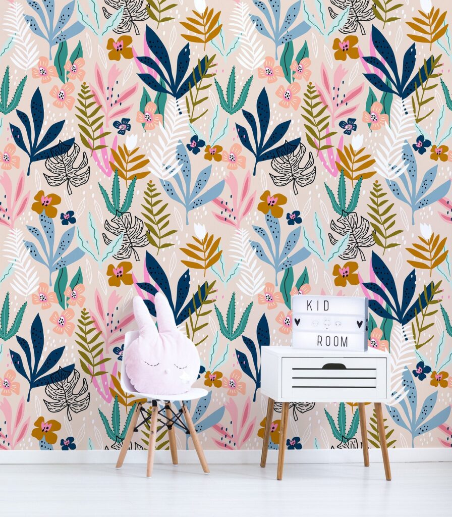 Kids room with floral wallpaper