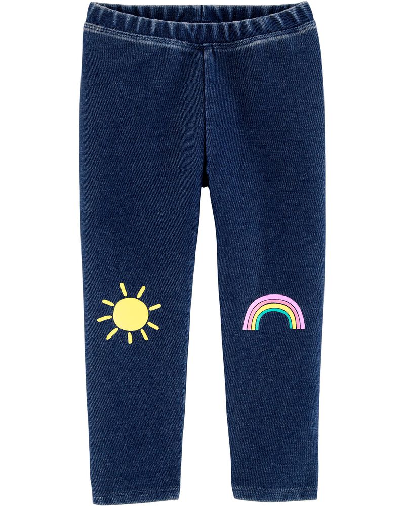 Denim leggings with sun on one knee and rainbow on other