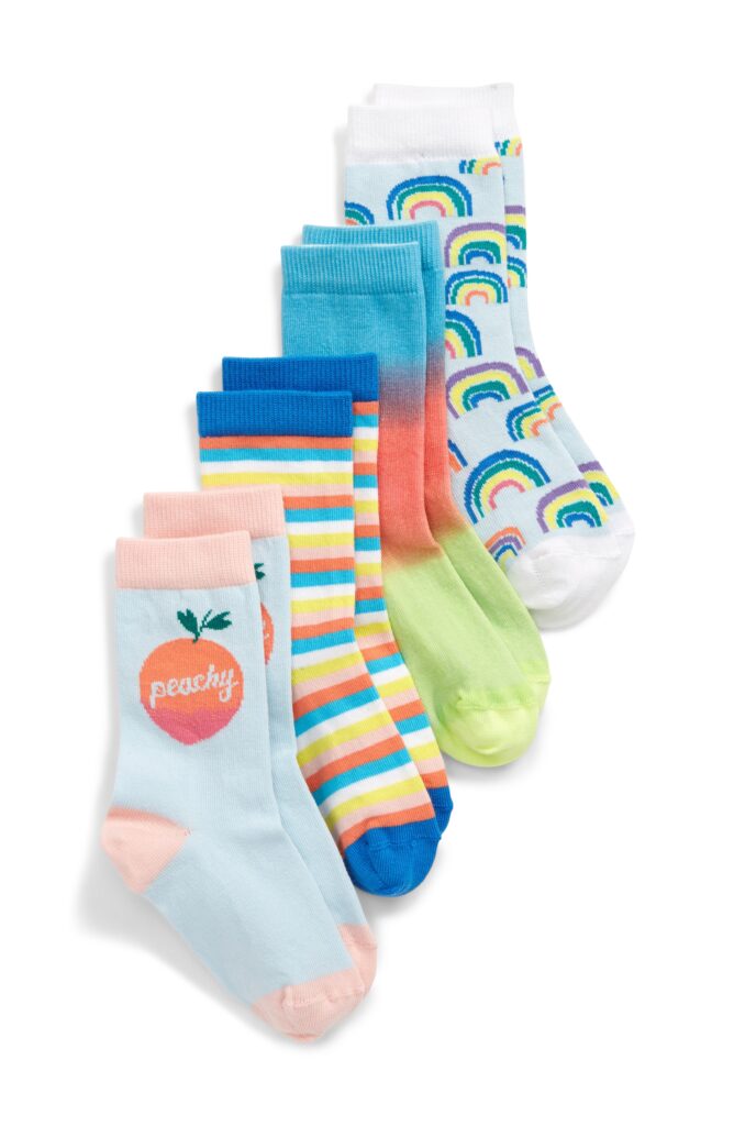 Set of 4 pairs of socks. Peachy, stripes, ombre and rainbow
