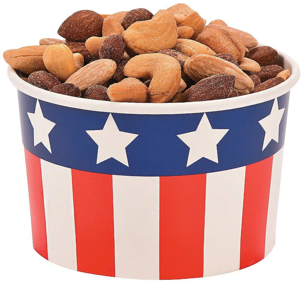 Red white and blue paper snack bowl holding nuts