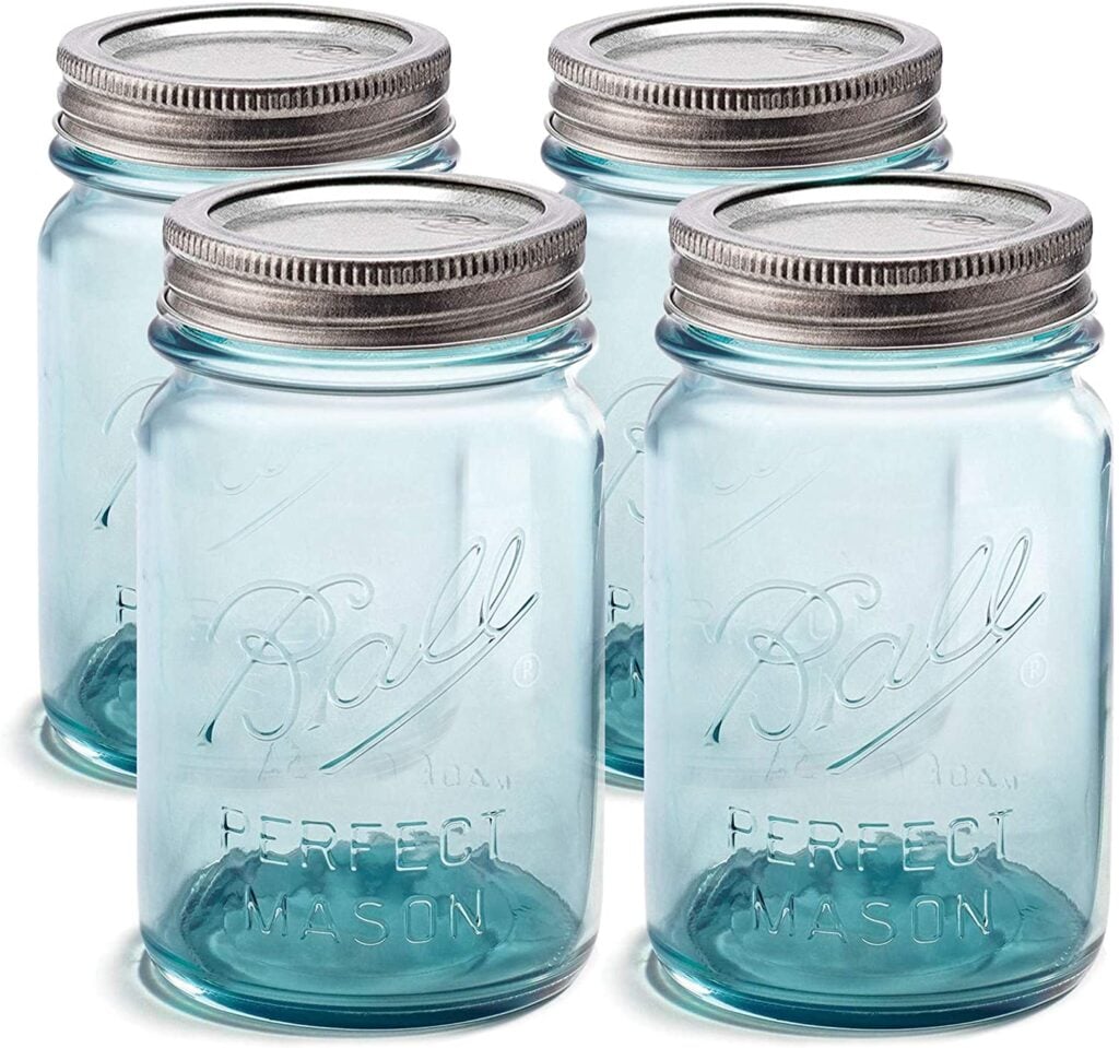 4 blue Ball mason jars